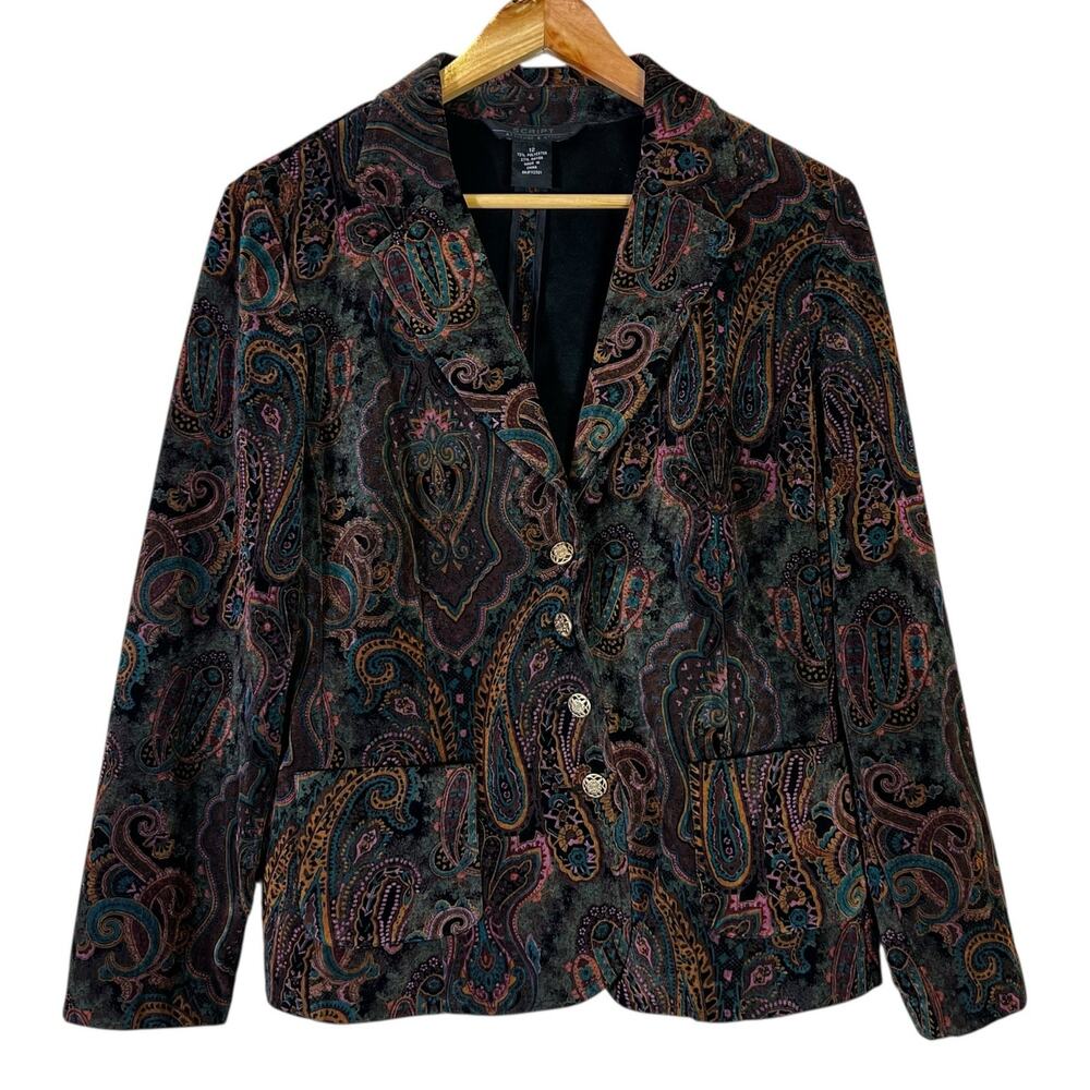Vintage Script Blazer Size 12 Multicolor Paisley Print Velvet Boho Regal Baroque